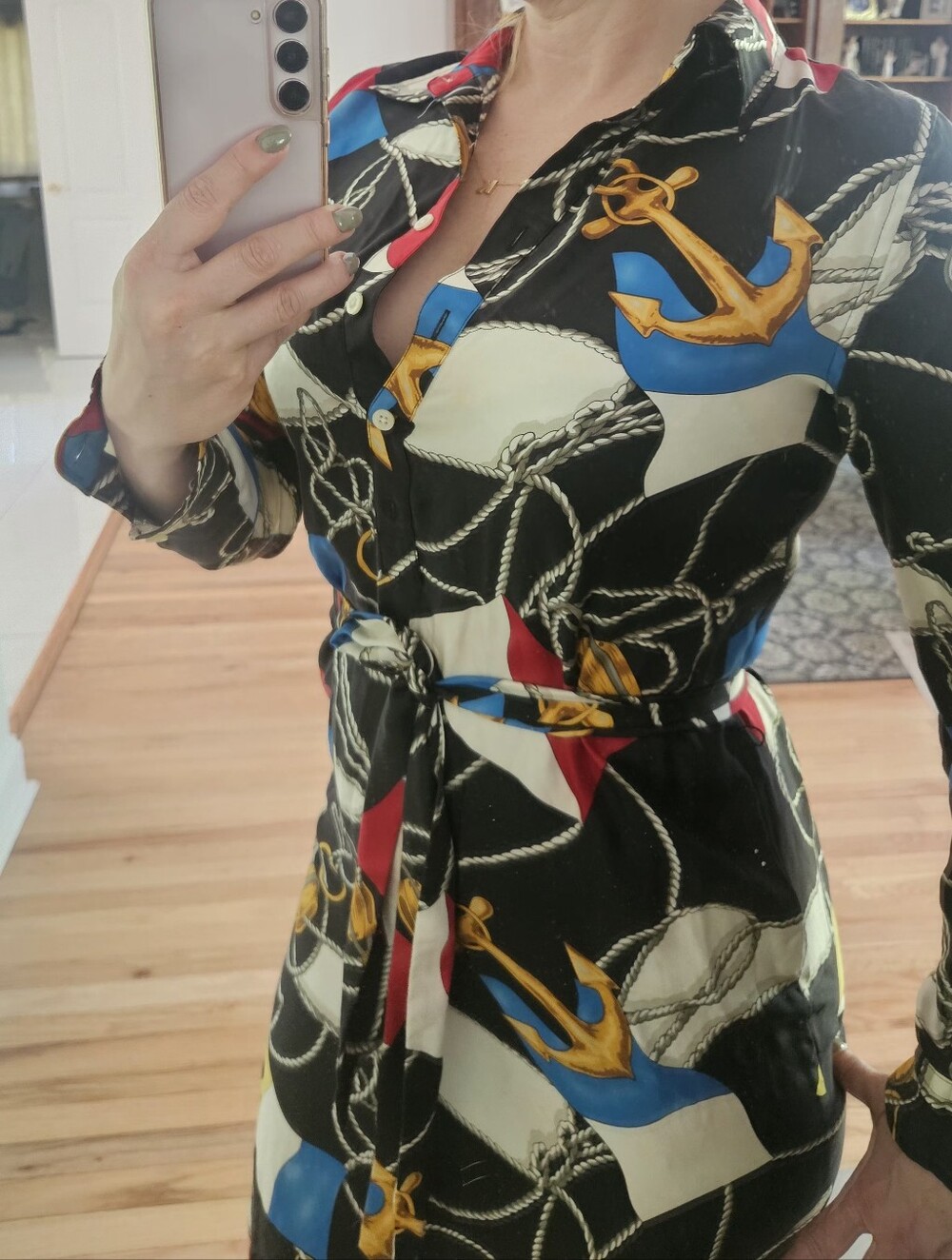 Ralph Lauren Nautical Print Black Tie-Waist Shirt Dress. Silk. Sz 8p - Picture 2 of 5